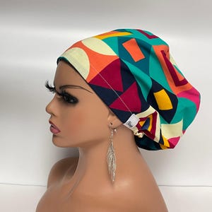 Geometric Ankara Scrub Cap: European Style Nursing Cap with Satin Lining