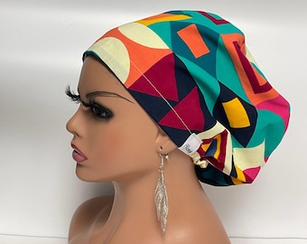Geometric Ankara Scrub Cap: European Style Nursing Cap with Satin Lining
