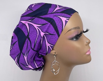 Purple Ankara Surgical Scrub Cap: African Print Cotton, Satin Lined