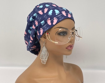 Labor and Delivery Scrub Cap: Baby Feet Print, Satin Lining Option