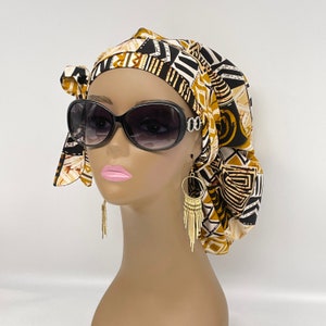 Adjustable PONY SCRUB CAP, black,white and tan Ankara cotton fabric surgical scrub hat nursing caps, satin lining option for locs /Long Hair