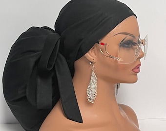 2XL JUMBO PONY SCRUB Cap, solid black cotton surgical nursing hat satin lining option for Extra long/thick Hair/Locs