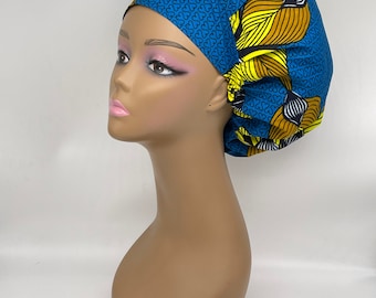 Niceroy BOUFFANT SCRUB CAP, Nursing surgical scrub hat caps made with 100% cotton African print fabric and satin lining option
