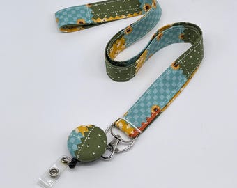 Handgemaakt patchwork keycord met intrekbare badgehouder