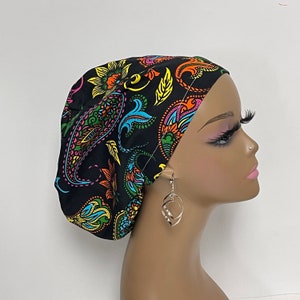 Niceroy surgical SCRUB HAT CAP,  Ankara Europe style nursing caps Black paisley floral African print fabric and satin lining option.