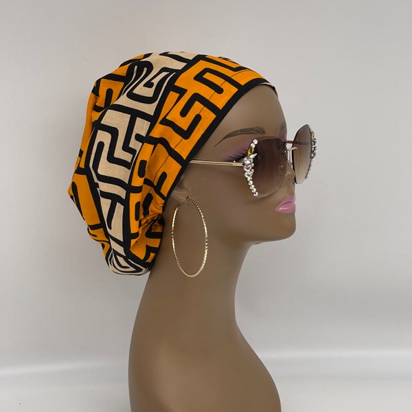 Niceroy surgical SCRUB HAT CAP,  Ankara Europe style nursing caps Yellow Brown Cream African print fabric and satin lining option.