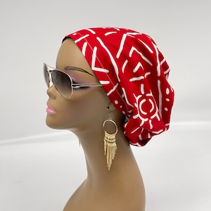 Niceroy surgical SCRUB HAT CAP,  Ankara Europe style nursing caps Red and white African print fabric and satin lining option.