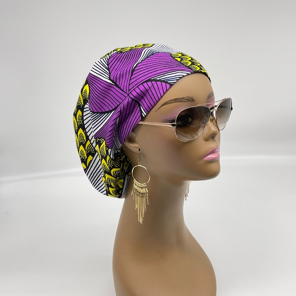 Niceroy surgical SCRUB HAT CAP,  Ankara Europe style nursing caps purple and Yellow African print fabric and satin lining option.