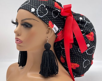 2XL JUMBO PONY Scrub Cap, EKG  cotton fabric surgical nursing hat and satin lining option for Extra long/thick Hair/Locs