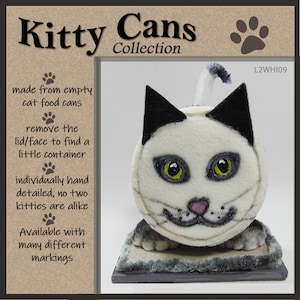 KITTY CAN--Cat:  Adorable table decoration with secret compartment for stashing and gift-giving. Made from empty cat food cans.