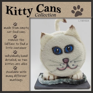 KITTY CAN--Cat :  Adorable table decoration with secret compartment for stashing and gift-giving. Made from empty cat food cans.
