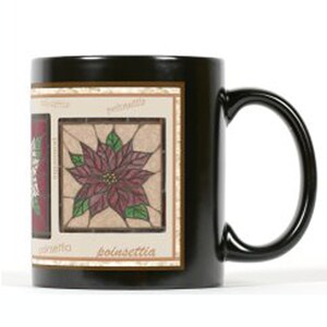 POINSETTIA MUG, black, 11 oz, mosaic designs of 3 beautiful poinsettias