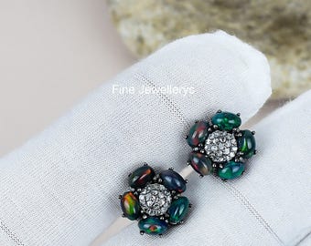 Ethiopian Black Fire Opal Earrings, Pave Diamond, Sterling Silver Studs
