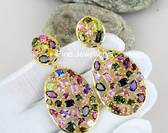 Multi Tourmaline Dangle Earrings, 925 Sterling Silver Jewelry