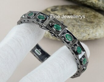 Pulsera de esmeralda hecha a mano: pulsera de plata de ley 925 oxidada en negro