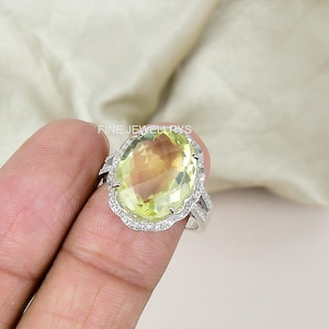 Lemon Quartz Ring: Natural Pave Diamond, Sterling Silver Handmade Jewelry