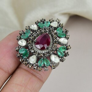 Handmade Ruby Cocktail Ring: Sterling Silver, Diamond & Emerald