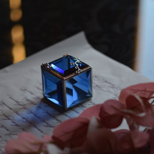 Glass Box, blue glass box, engagement ring box, square ring box, jewelry box, geometric glass box, wedding ring box, ring holder, ring box