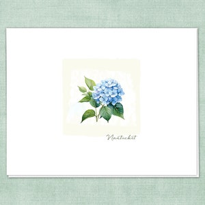 Fünf (5) luxuriöse, gefaltete Grußkarten von Nantucket Summer Blue Hortensien | 4.25H "x 5.5B" | Weiches Baumwollpapier und passende, gefütterte Umschläge