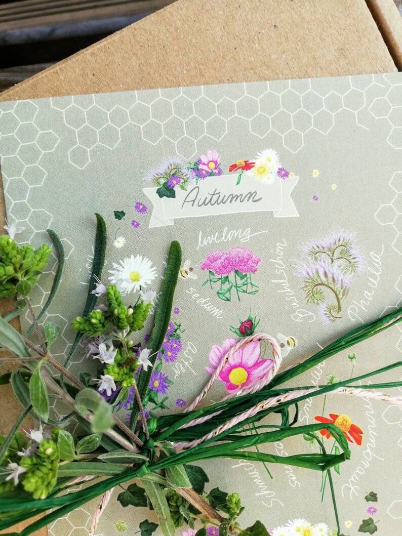 Flowers Postcard Plans these Card Print on Natural Paper Save the bees Autumn Autumn Autumn Card