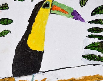 Children's original drawing in oil on canvas, original oil painting, portrait of toucan, child draws animals