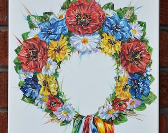 Original handmade painting, acrylic on stretched canvas, Ukrainian national dress, flower wreath