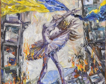 Peinture originale faite à la main, Huile sur toile étirée, Ballet en feu, Guerre ukrainienne, Peinture à l’huile de portrait de ballerine