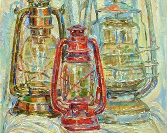 Original painting Still life kerosene lamps, rural still life, vintage lamps, stay with Ukraine, Ukrainian artist, oil on canvas