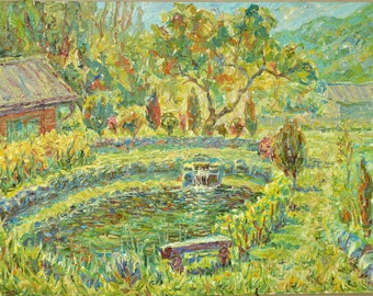 Pintura original paisaje de Monet, estilo de Monet, lago y árboles, estancia con Ucrania, artista ucraniano, óleo sobre lienzo