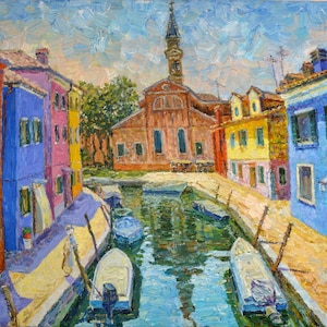 Landscape River in a City, Art Wall Decor, Original Painting, Oil on Cavas, Venice Landscape, Handmade Oil Painting