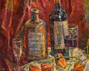 Still Life || Art Wall Decor || Original Painting || Oil on Cardboard || Alcohol Still Life || Bottles Glasses Flowers Wine