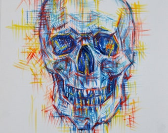Abstrakte Schädel-Porträt, Skelett, Anatomie-Malerei, Kunst-Wand-Dekor, Original-Gemälde, Basquiat-Stil, Schädel geometrische, 50 cm Malerei