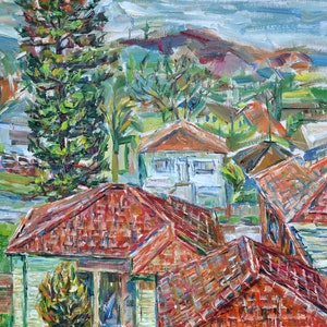Paysage de peinture originale, style Monet, maisons et arbres, vue de fenêtre, artiste ukrainien, huile sur toile image 2
