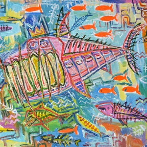 Original handmade Painting "Shark with a crown", Oil on stretched canvas, Nautical theme, Art Wall Decor, Cartoon comics painting
