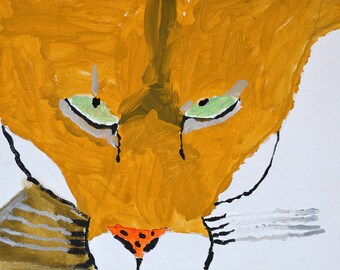 Children's original drawing in acrylic on canvas, painting for t-shirt print, portrait of fox, child draws animals