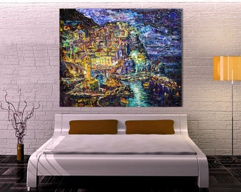 Originele Amalfikust olieverf op doek, zeegezicht schilderij van de kust van Amalfi, Boho Wall Decor, Custom Painting, grote kunst voor kamer