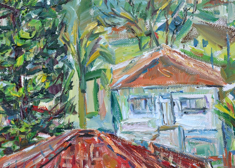 Paysage de peinture originale, style Monet, maisons et arbres, vue de fenêtre, artiste ukrainien, huile sur toile image 3