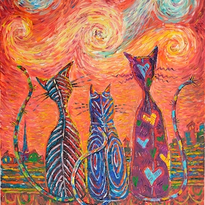 Oil painting &quot;Cats at sunset&quot;, handmade painting, original painting, animal wall art, cat hand painting