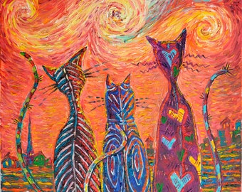 Olieverfschilderij "Katten bij zonsondergang", handgemaakt schilderij, origineel schilderij, dierenmuurkunst, kattenhandschildering