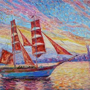 Nautical painting 24&quot;, Scarlet Sails, abstract marine art, original painting on canvas, ship with red sails, wall decoration