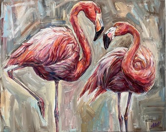 油絵オリジナルアート - 恋するフラミンゴ - Etsy 日本
