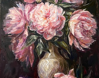 キャンバスに描かれた抽象的な花の油絵、ベージュの花の静物画、22x28