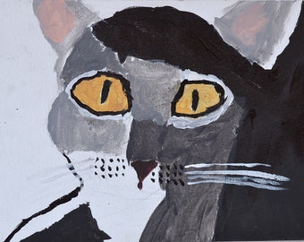 Children's original drawing in acrylic on canvas, original acrylic painting, portrait of cat, child pets animals