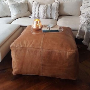 Moroccan leather Pouf, Leather Ottoman Pouffe, Handmade Square  Leather Pouf Tan