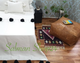 Traditional Cozy Blanket Handwoven Soft Cotton Cover Minimalist Black White Pom Pom Boho Sofa Throw Moroccan Bedspread Housewarming Gift