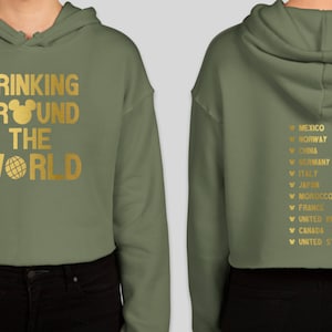 Drinking Around the World w Countries on Back Cropped Hoodie
