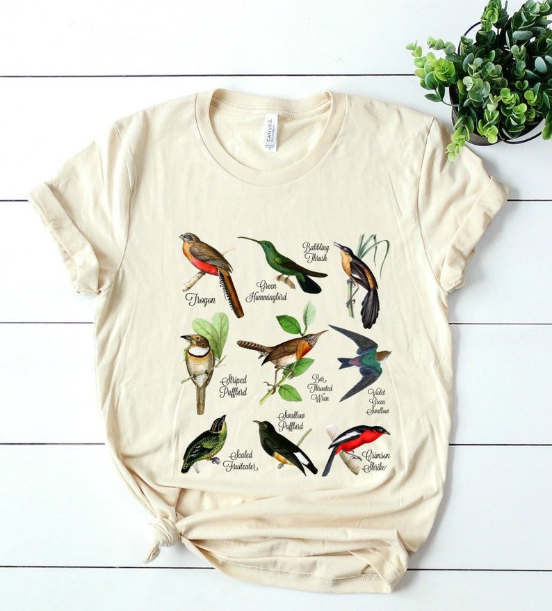 T-shirt Vintage Imprimé Oiseaux Chardonneret - Coupe Classique Homme/femme - Coton Léger