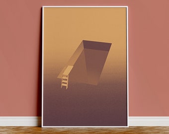 Puede incluir: Una impresión enmarcada de una ilustración minimalista de una piscina con una escalera. La piscina es de color marrón oscuro y el fondo es de color marrón claro.