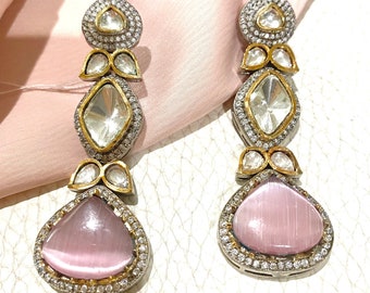 American diamond earring/emerald green statement earrings/cubic zirconia/silver gold/pastel pink/ruby red/diamond look/modern Indian jewelry