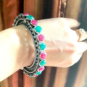Tribal silver look stone 2.6”,2.8” kada/oxidized silver look alike/ jaipur jewelry /german silver/silver statement kada/oxidised pachli kada